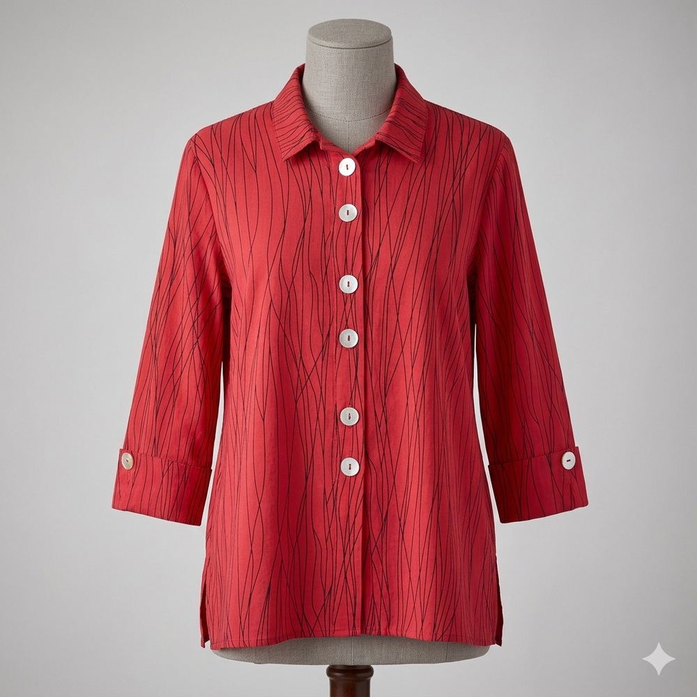 ALI MILES Striped Pink 3/4 Sleeve Button-Down Shirt, Size Medium.